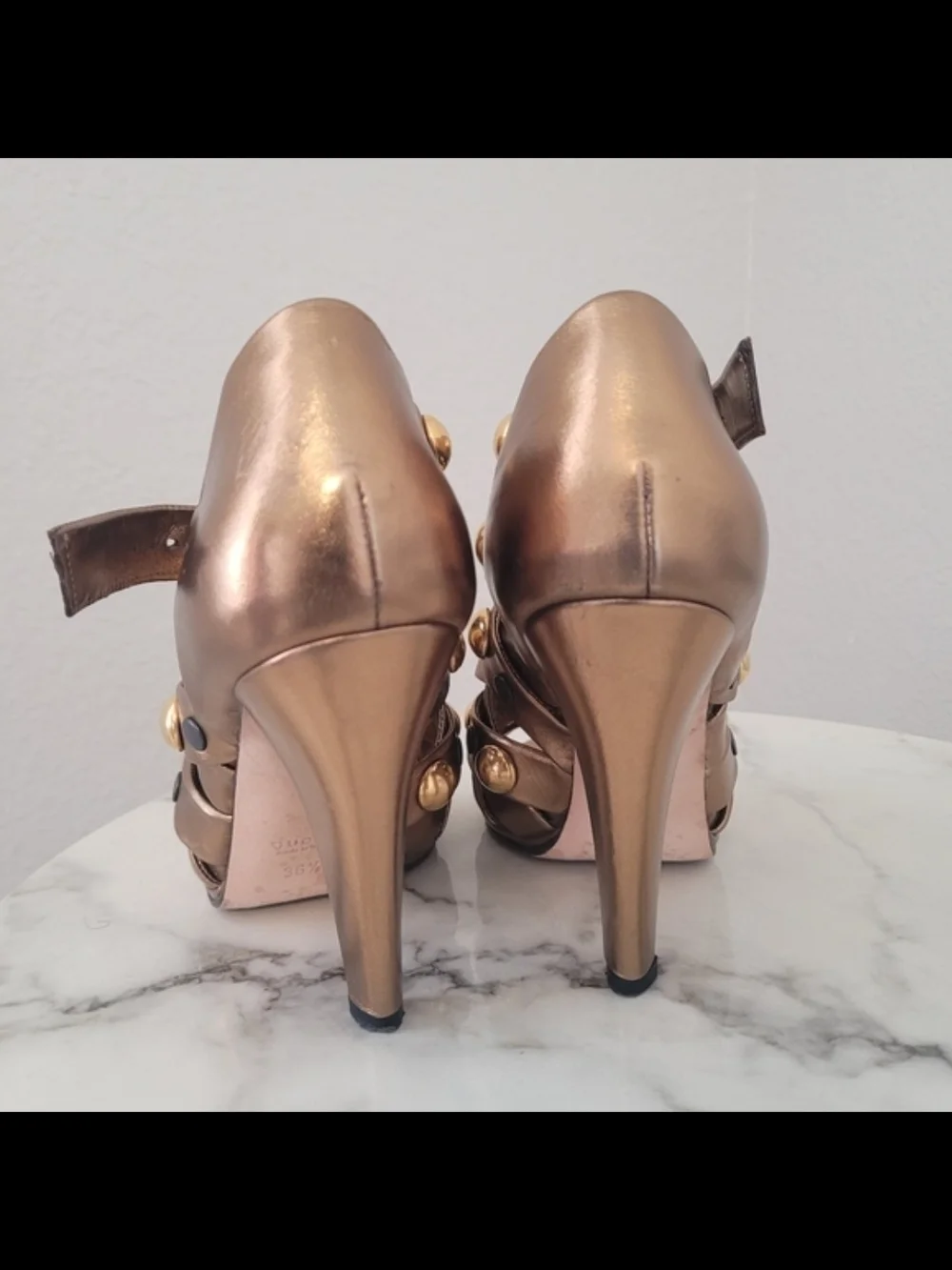 GUCCI Womens Metallic Bronze Studded High Heel 36.5 Sandal Gold Babouska Strappy